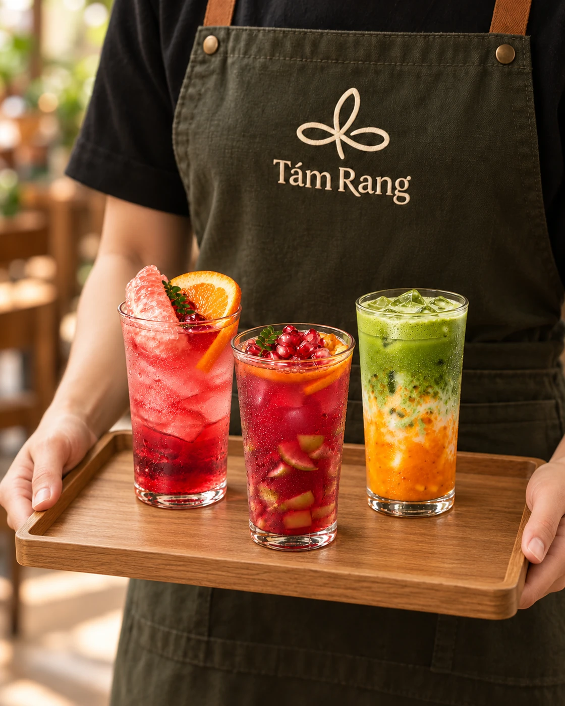 Ba ly trà trái cây và matcha trên khay gỗ, được phục vụ bởi nhân viên mặc tạp dề Tám Rang