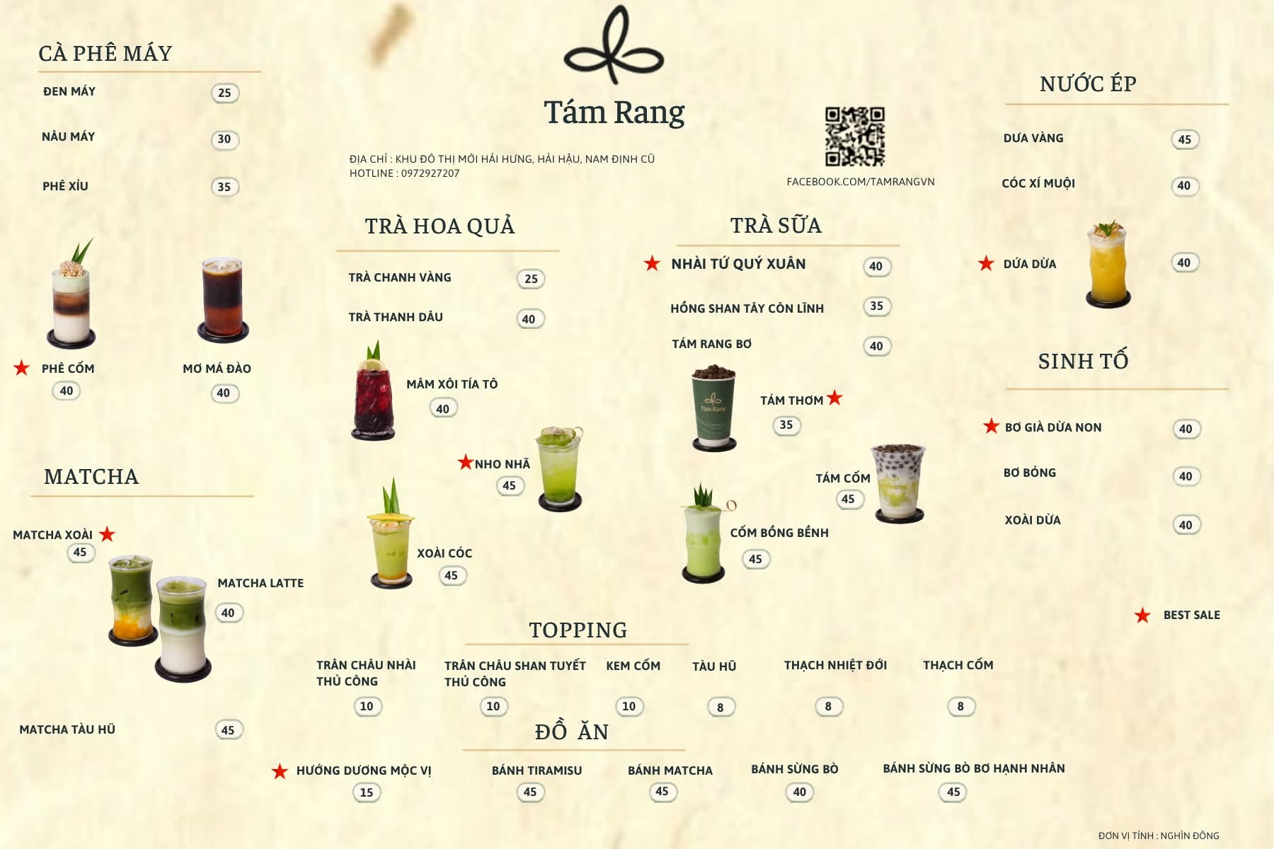 Menu Tám Rang: cà phê máy, matcha, trà hoa quả, trà sữa, nước ép, sinh tố, topping và đồ ăn kèm; giá tính bằng nghìn đồng
